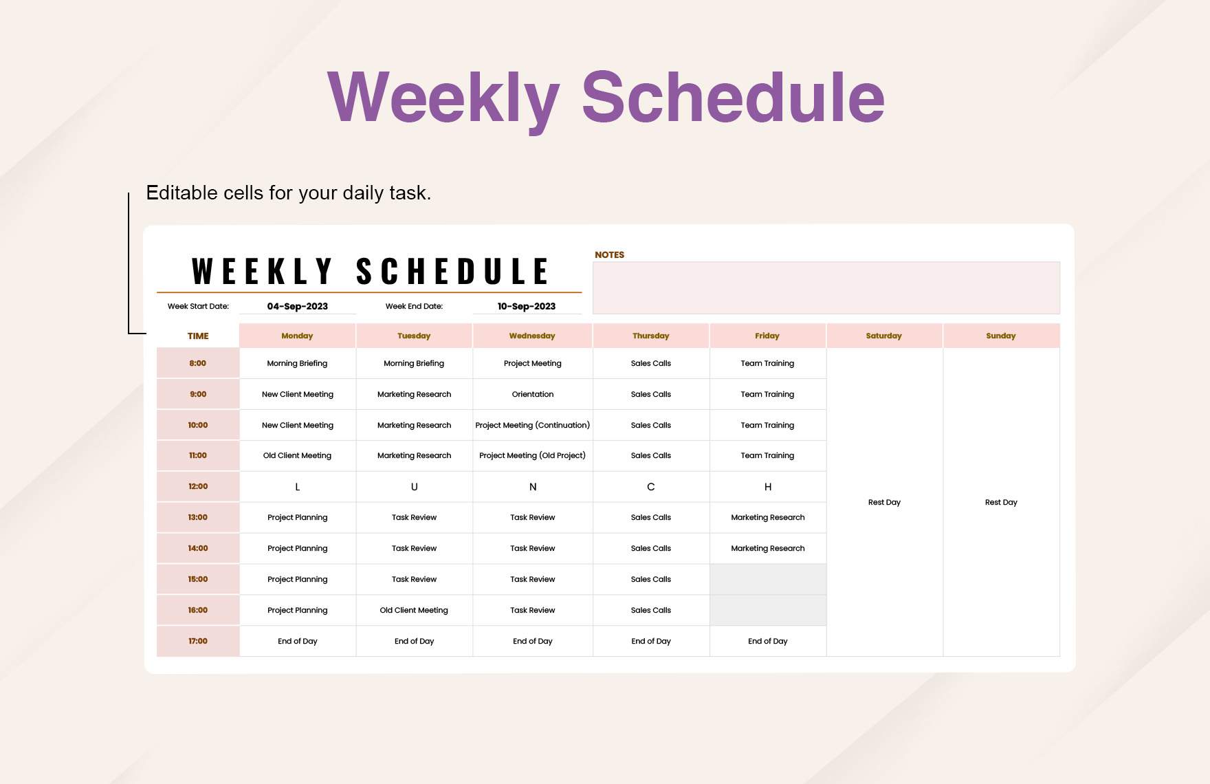 Weekly Schedule Template - Download in Excel, Google Sheets | Template.net