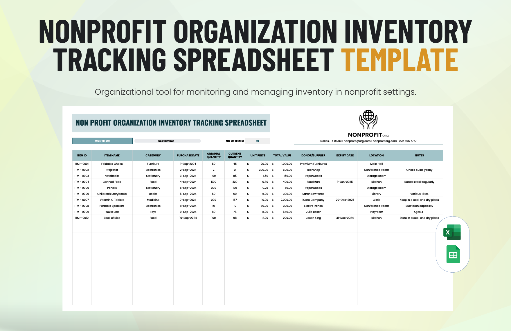 Nonprofit Organization Inventory Tracking Spreadsheet Template in Excel, Google Sheets