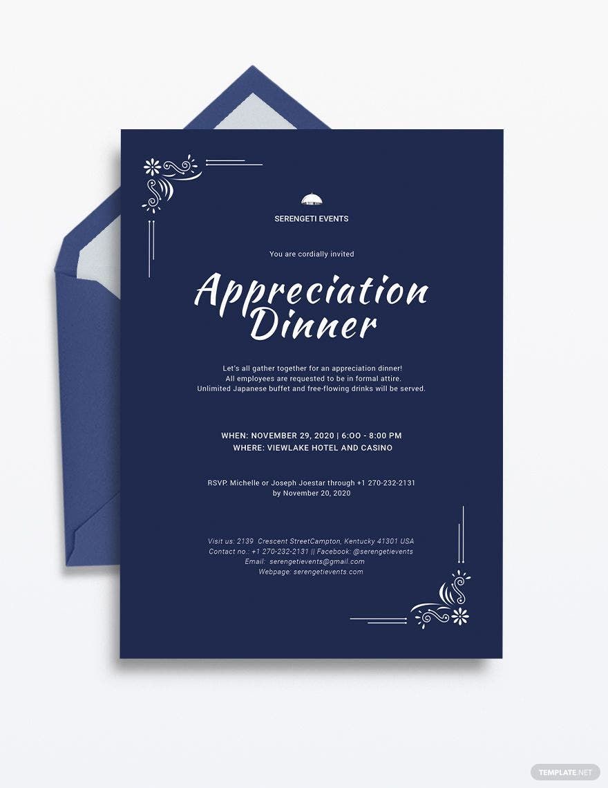 Appreciation Dinner Invitation Template in Word, Illustrator, PSD, Apple Pages, Publisher