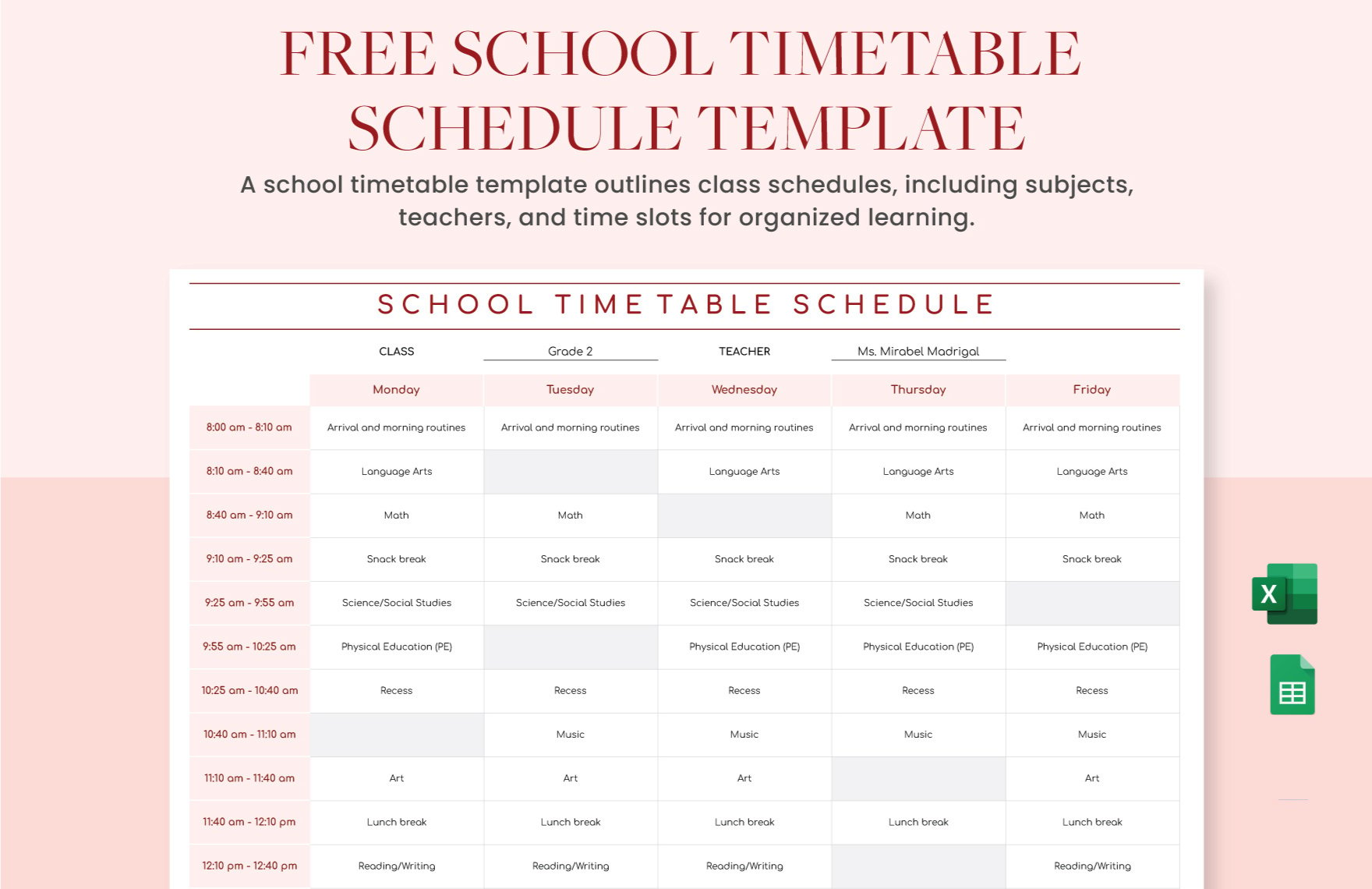 Free School Timetable Schedule Template