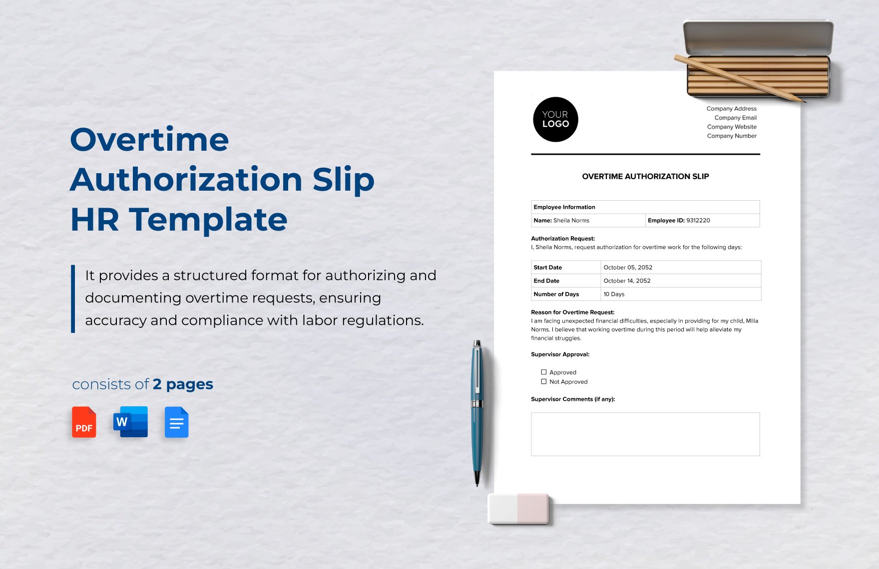 Overtime Authorization Slip HR Template in Word, Google Docs, PDF
