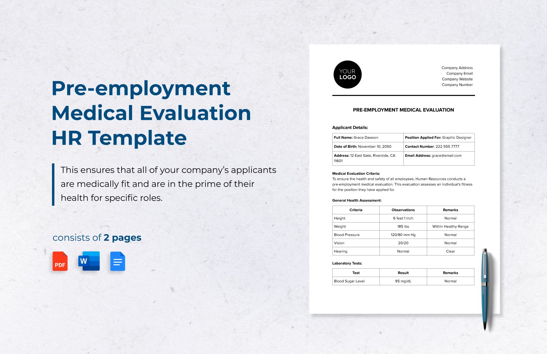 Pre-employment Medical Evaluation HR Template in Word, Google Docs, PDF