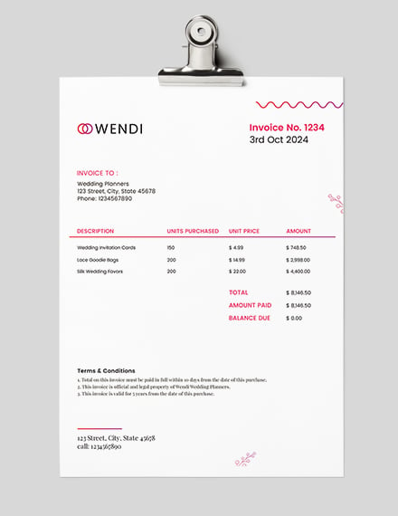 wedding planners invoice template  word doc  excel  psd