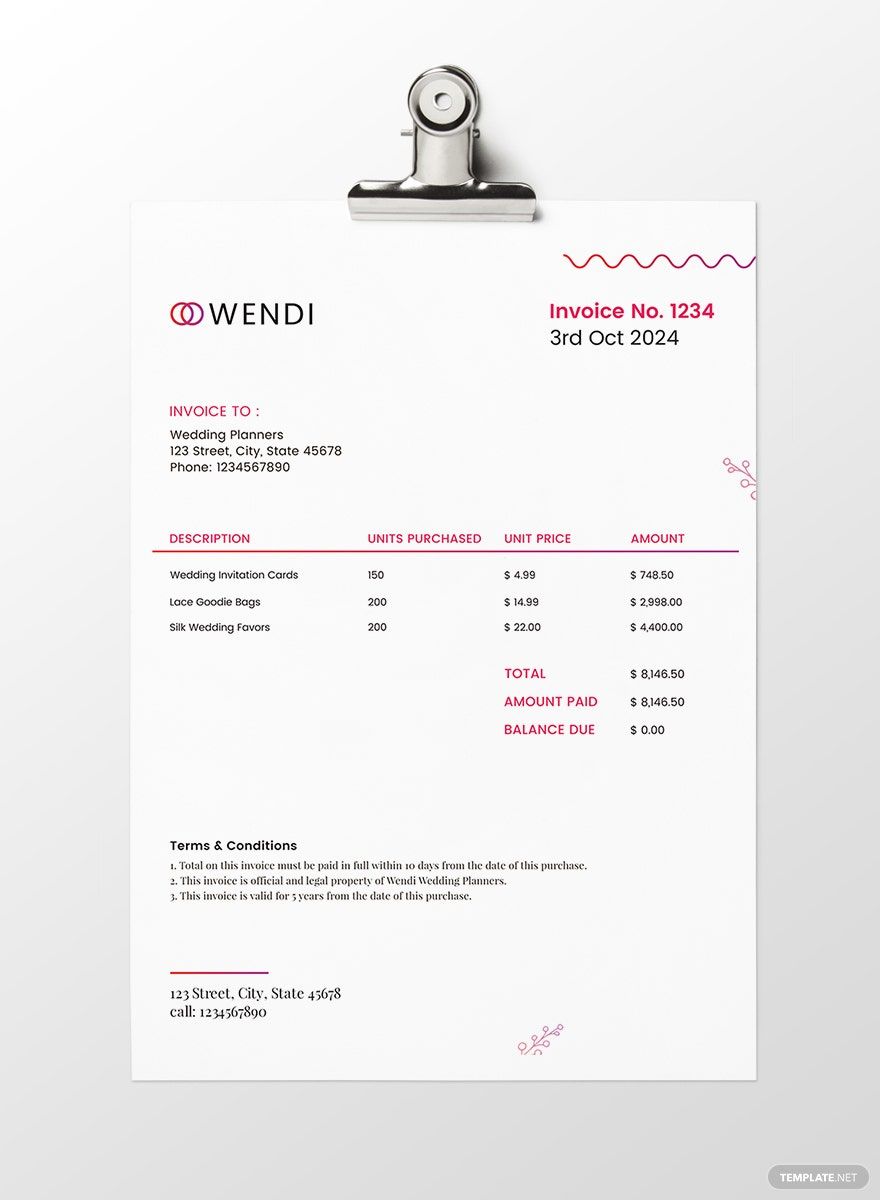 Wedding Planners Invoice Template in Word, Google Docs, Excel, PDF, Google Sheets, PSD, Apple Pages, Publisher, InDesign, Apple Numbers