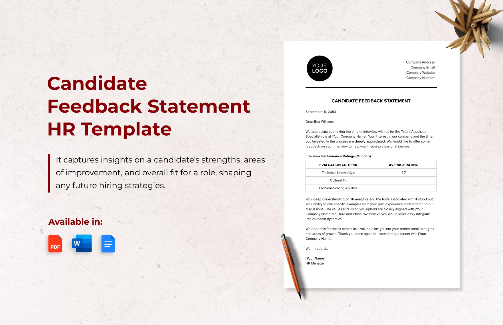 Candidate Feedback Statement HR Template in Word, Google Docs, PDF