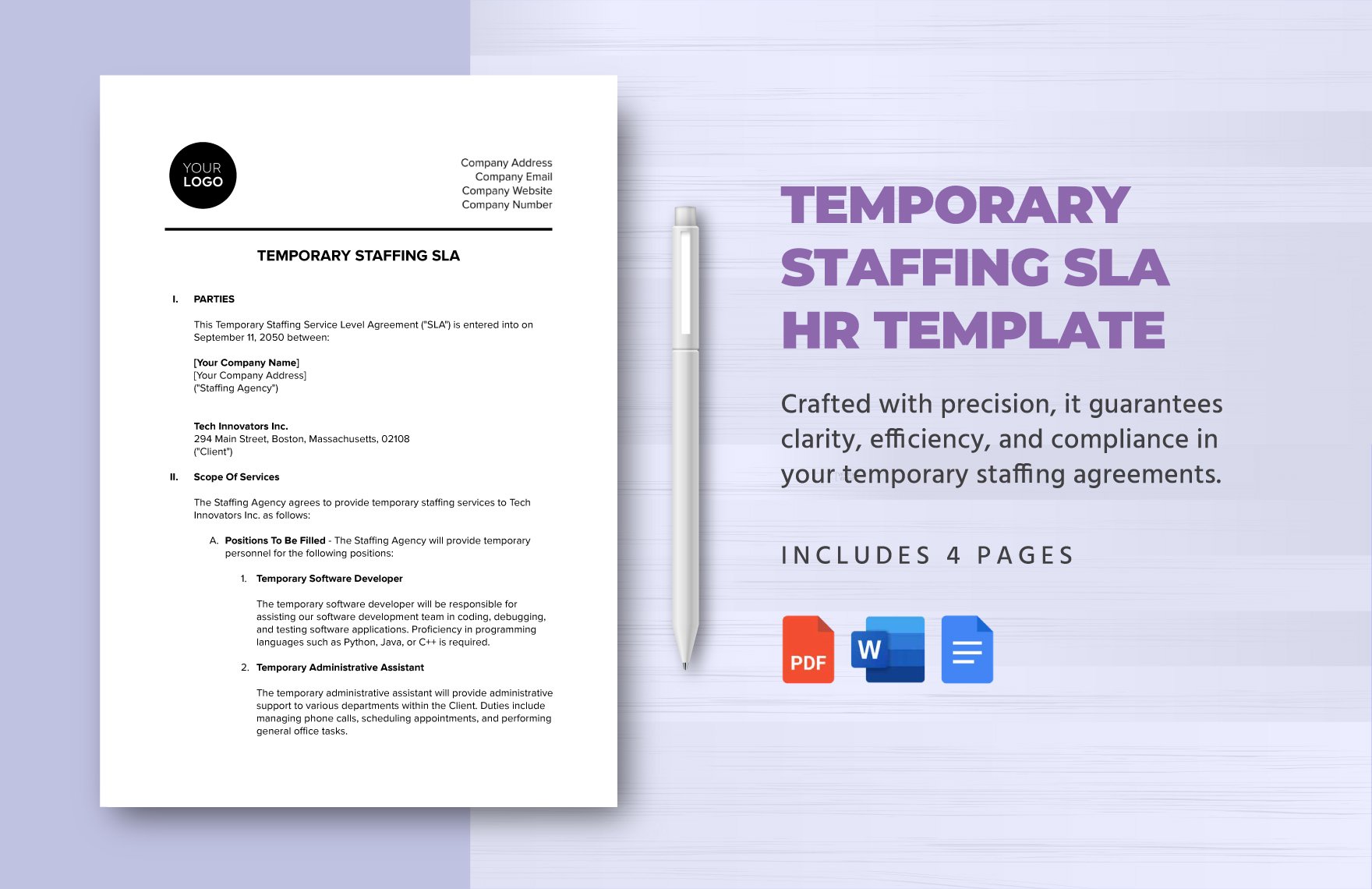 Temporary Staffing SLA HR Template in Word, Google Docs, PDF