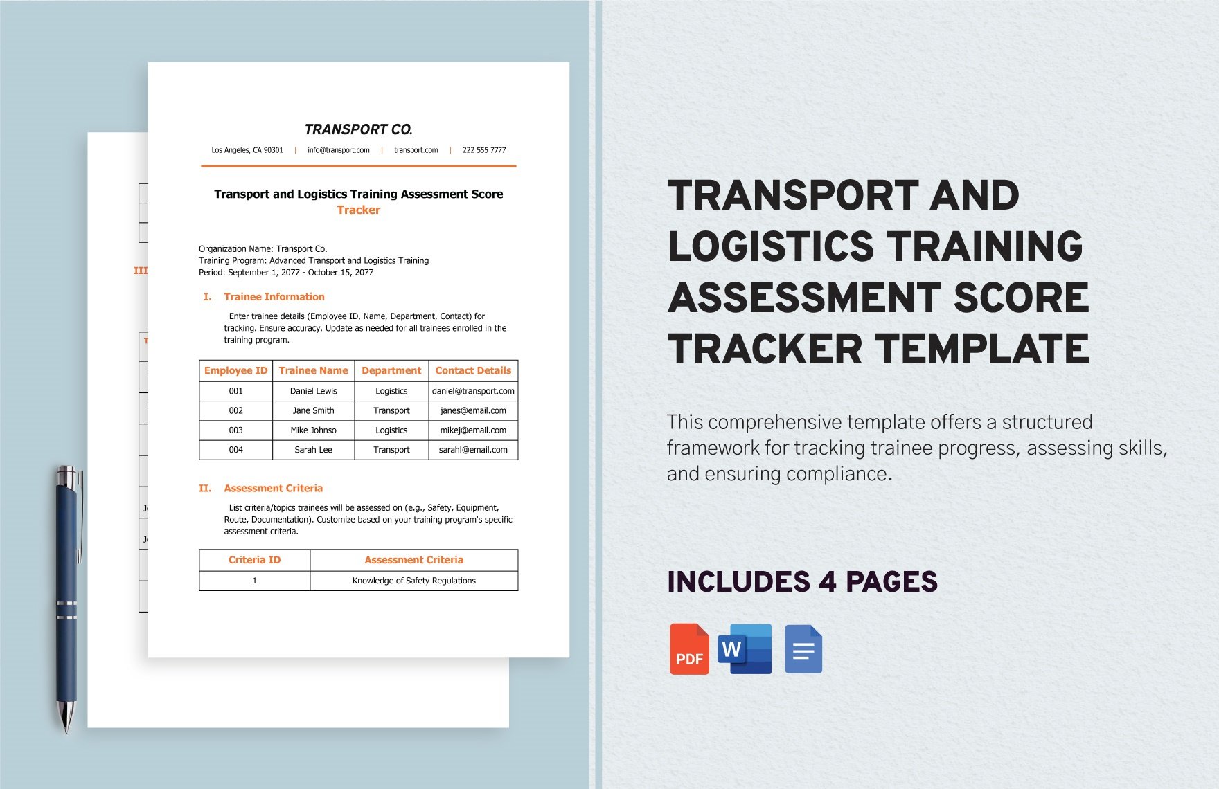 Transport and Logistics Training Assessment Score Tracker Template