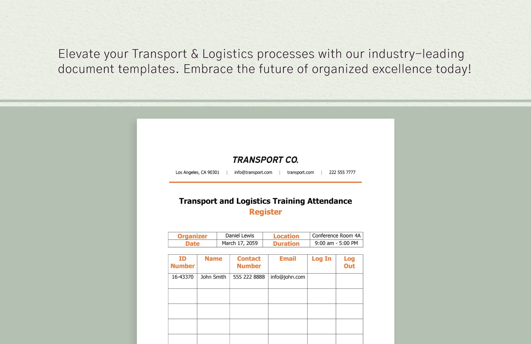 Transport and Logistics Training Attendance Register Template