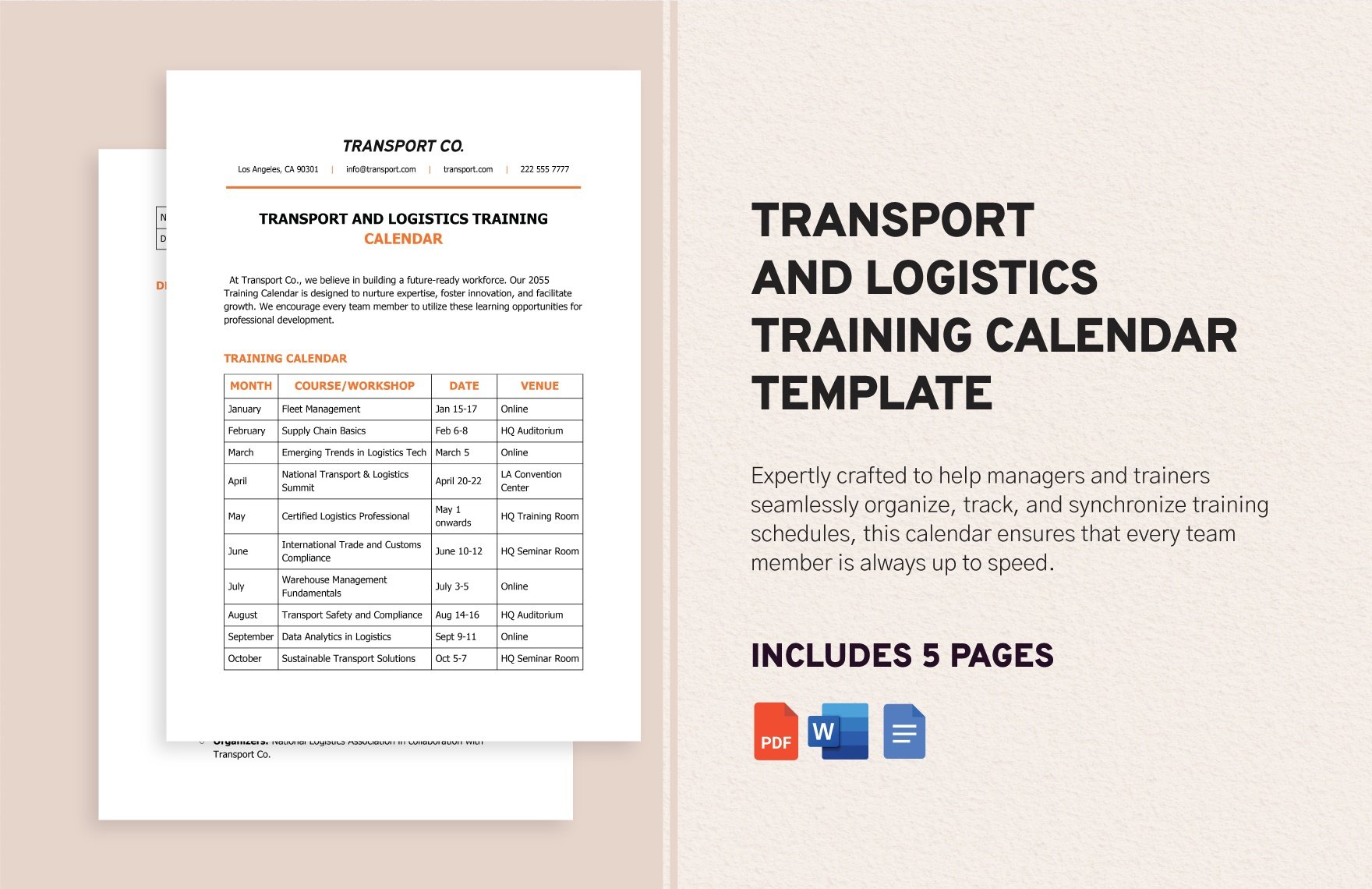 Transport and Logistics Training Calendar Template