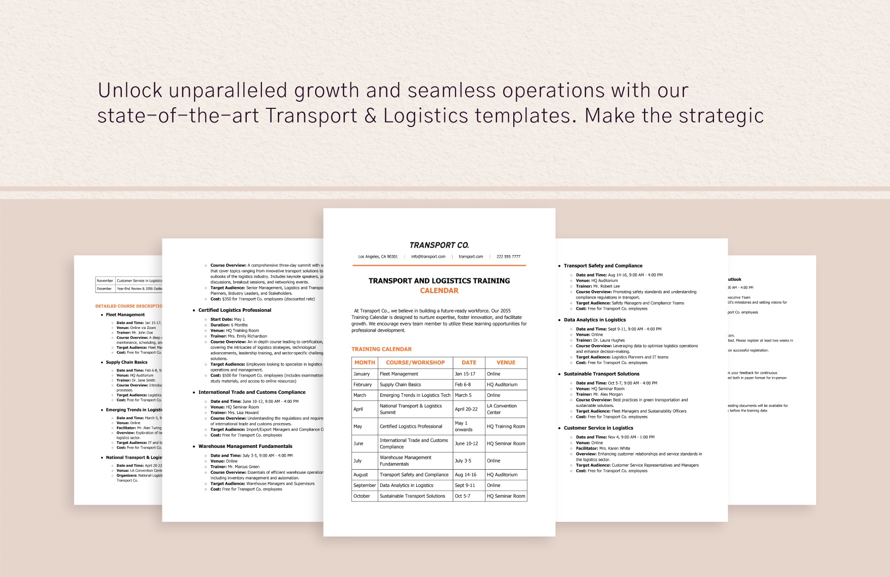 Transport and Logistics Training Calendar Template