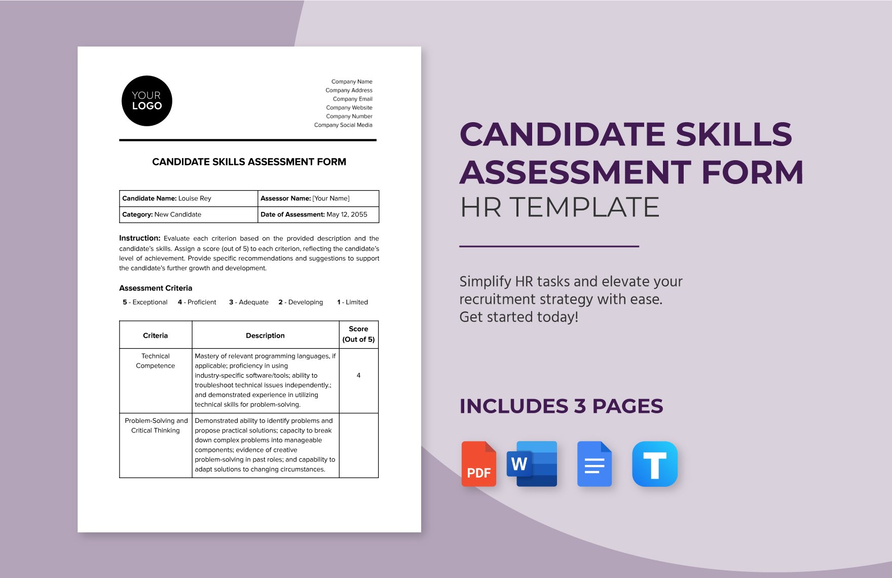 Candidate Skills Assessment HR Template in Word, Google Docs, PDF