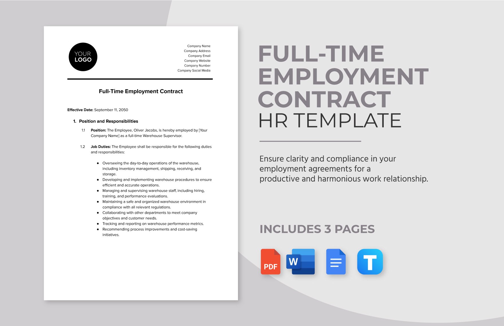 Full-time Employment Contract HR Template in Word, Google Docs, PDF