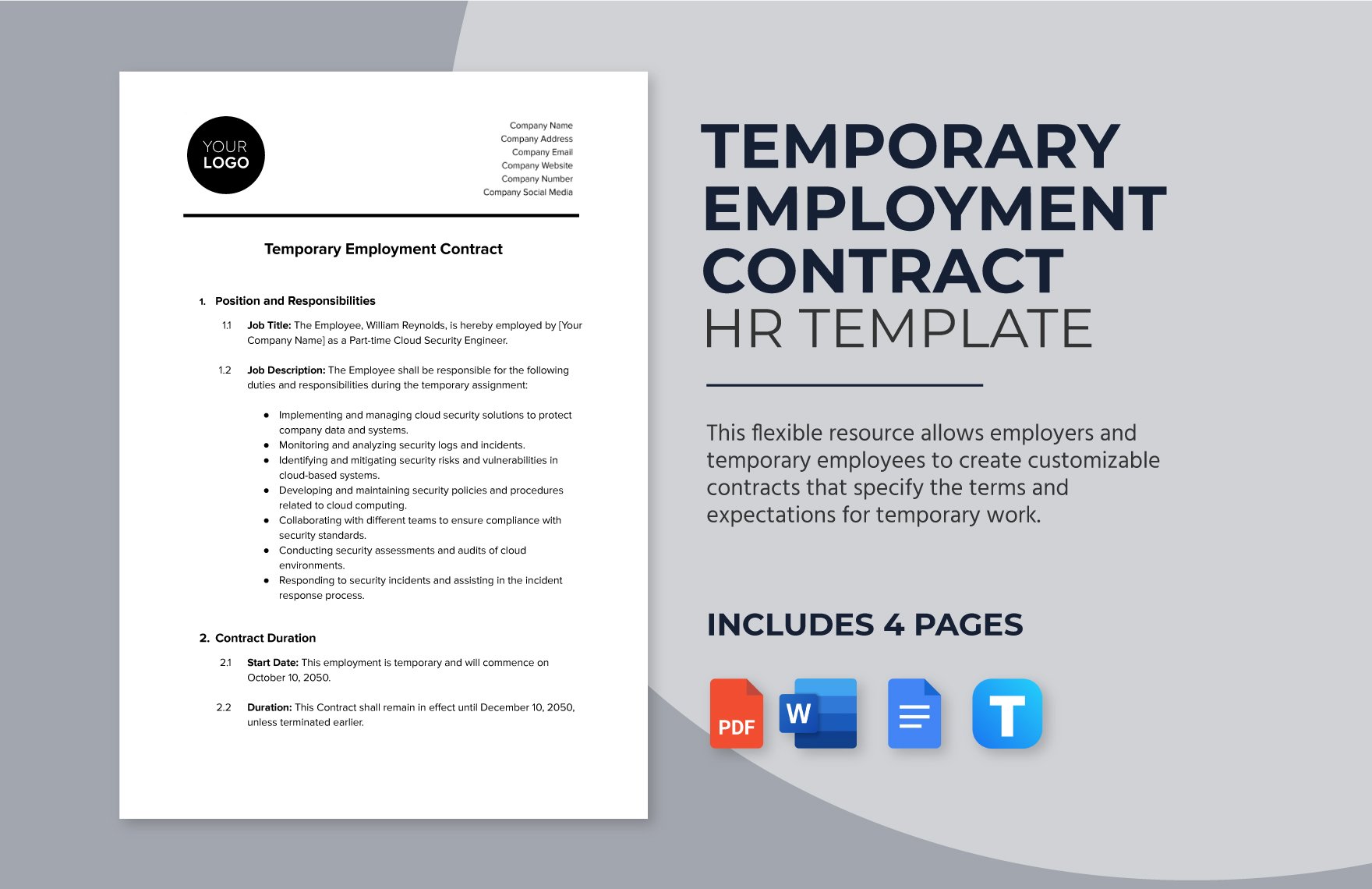 Temporary Employment Contract HR Template in Word, Google Docs, PDF