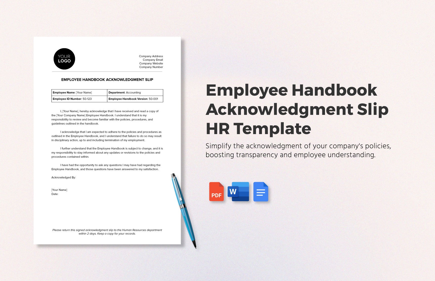 Employee Handbook Acknowledgment Slip HR Template in Word, Google Docs, PDF