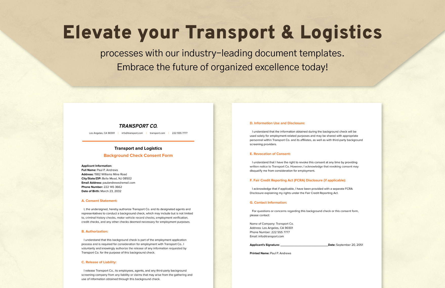 Transport and Logistics Background Check Consent Form Template