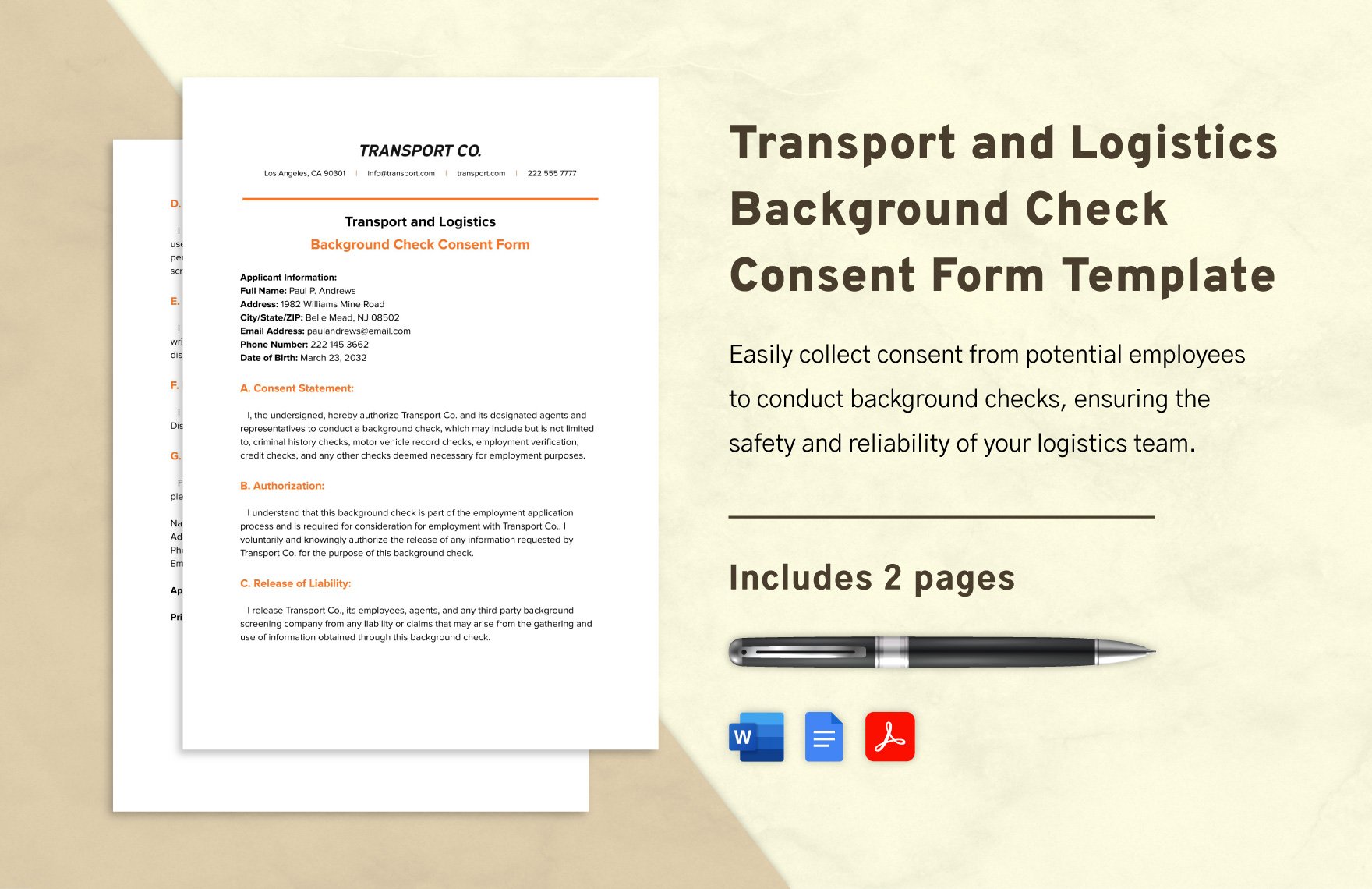 Transport and Logistics Background Check Consent Form Template