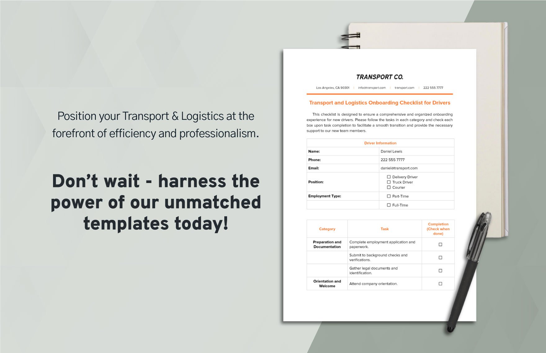 Transport and Logistics Onboarding Checklist for Drivers Template