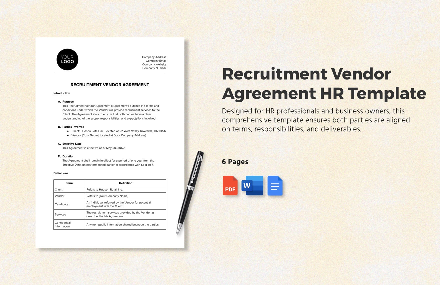 Recruitment Vendor Agreement HR Template in Word, Google Docs, PDF