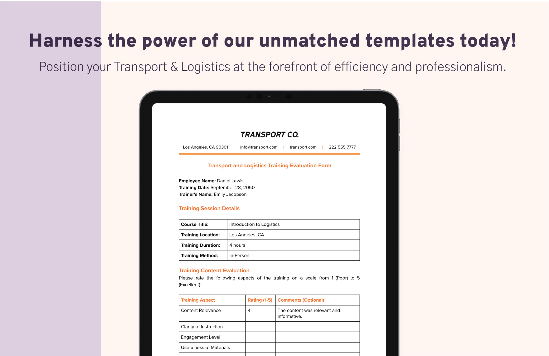Transport and Logistics Training Evaluation Form Template