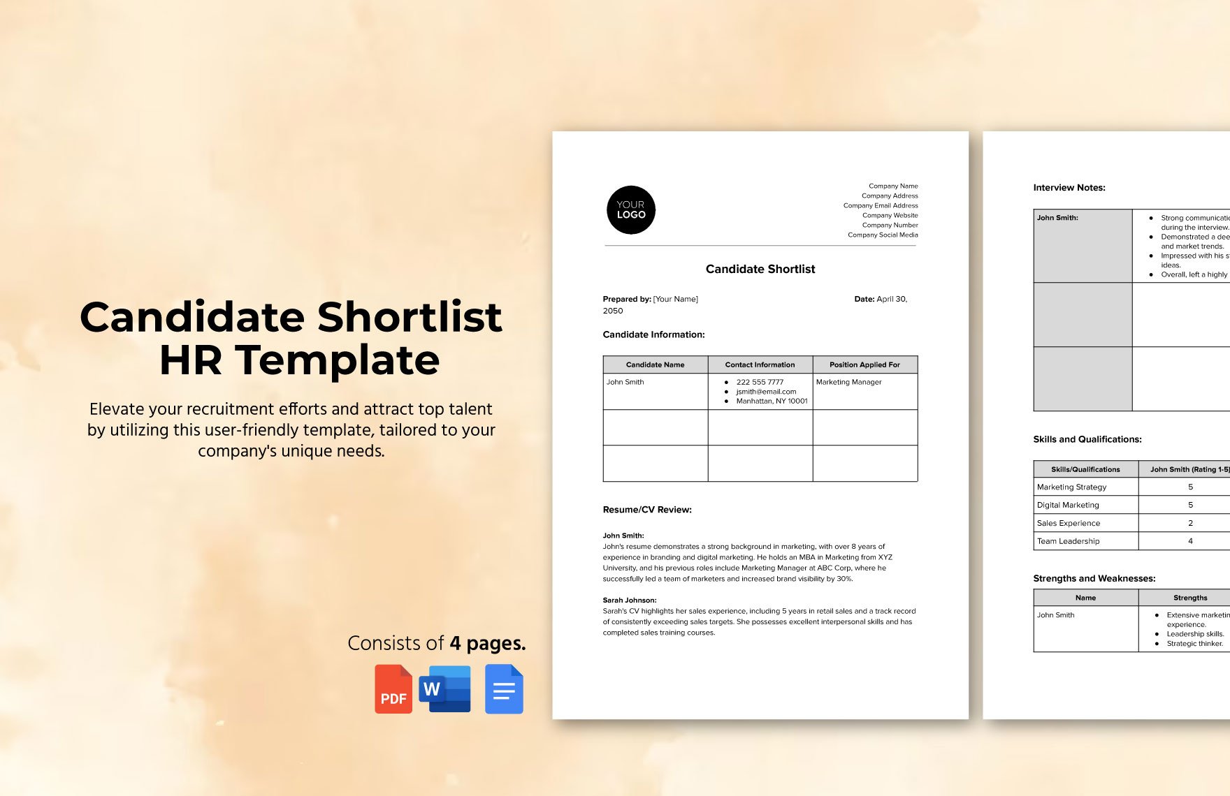 Candidate Shortlist HR Template in Word, Google Docs, PDF