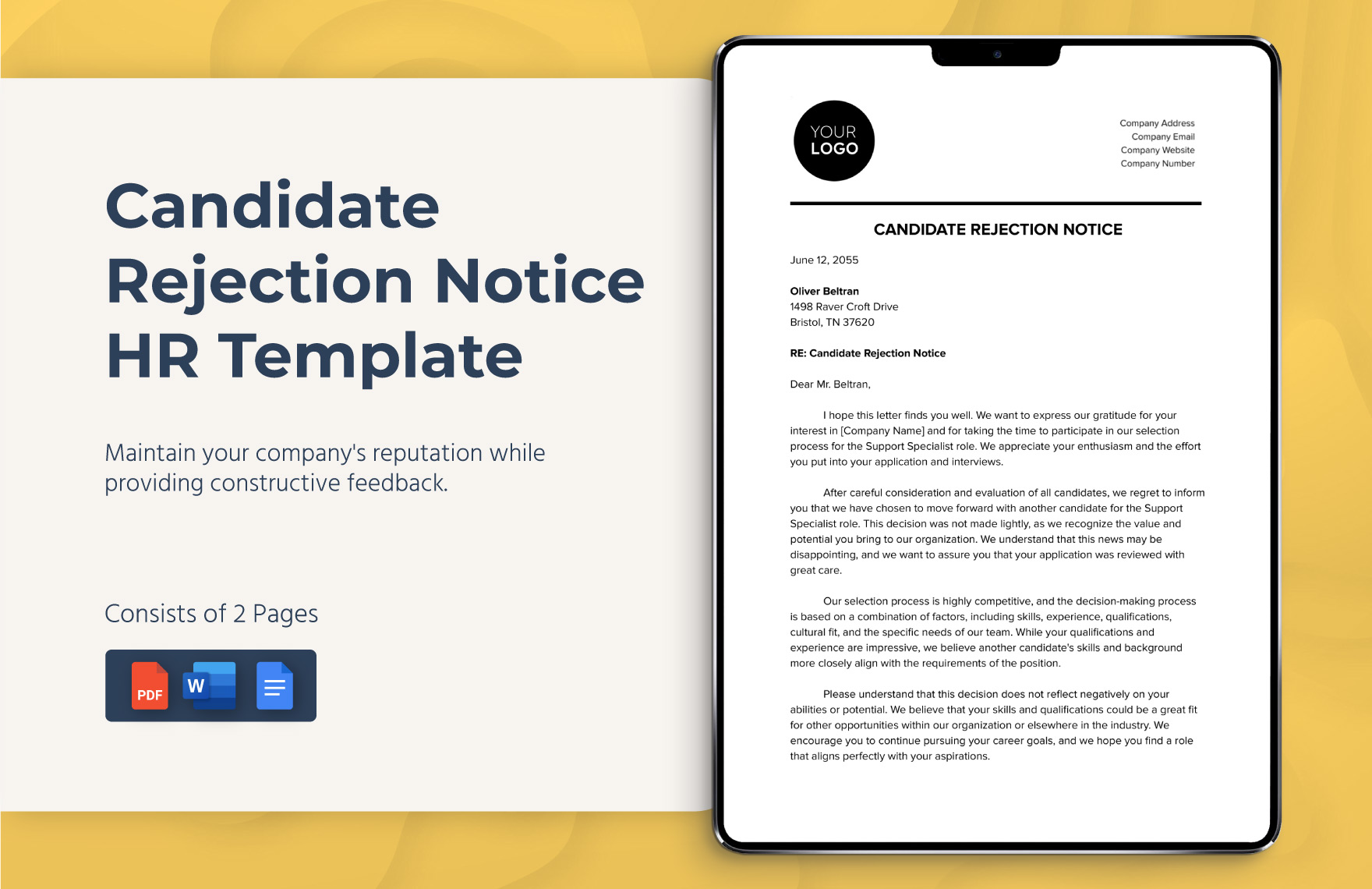 Candidate Rejection Notice HR Template in Word, Google Docs, PDF