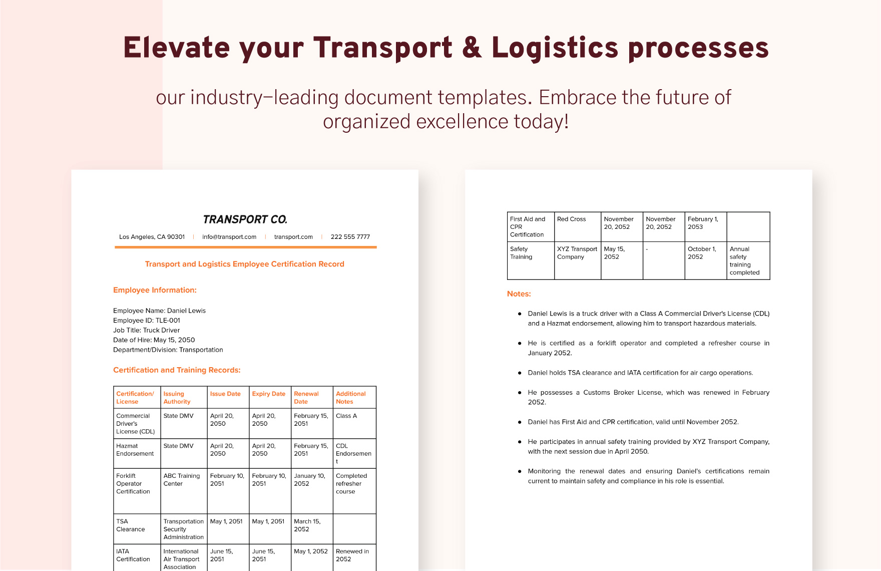 Transport and Logistics Employee Certification Record Template