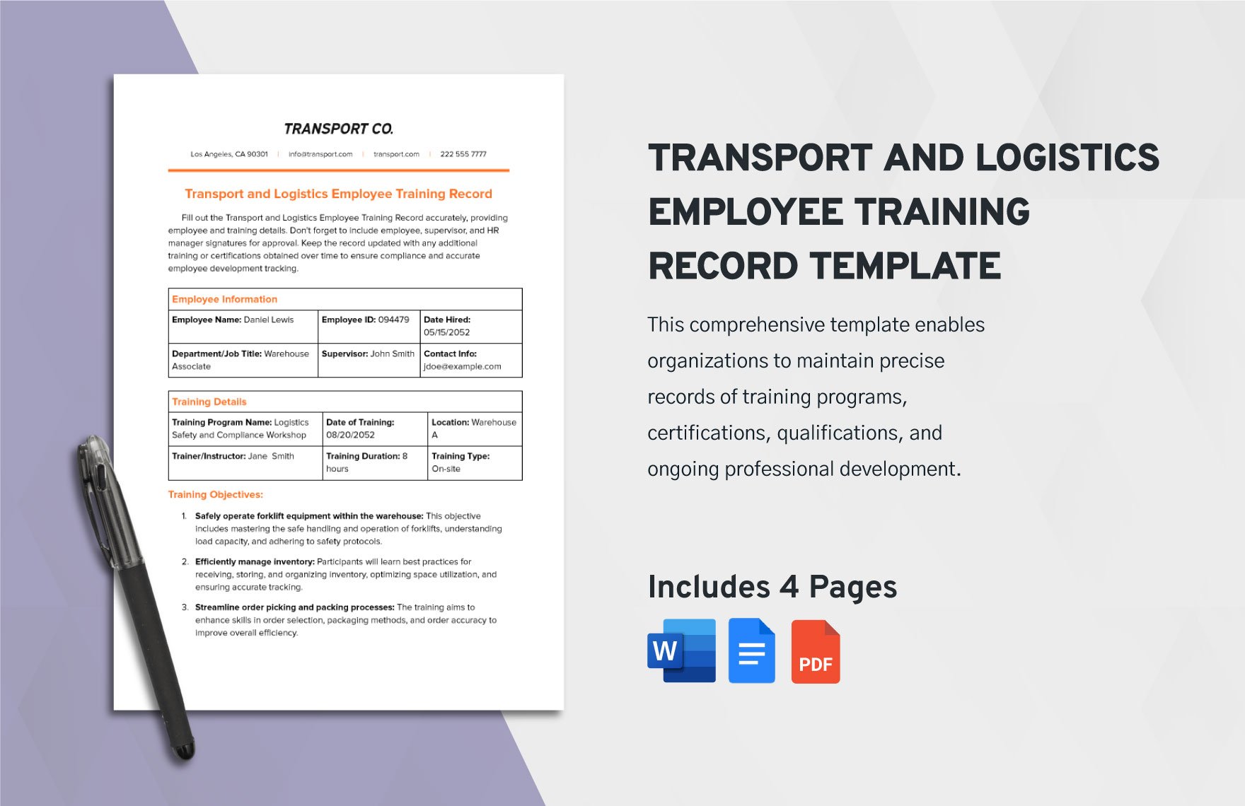 Transport and Logistics Employee Training Record Template