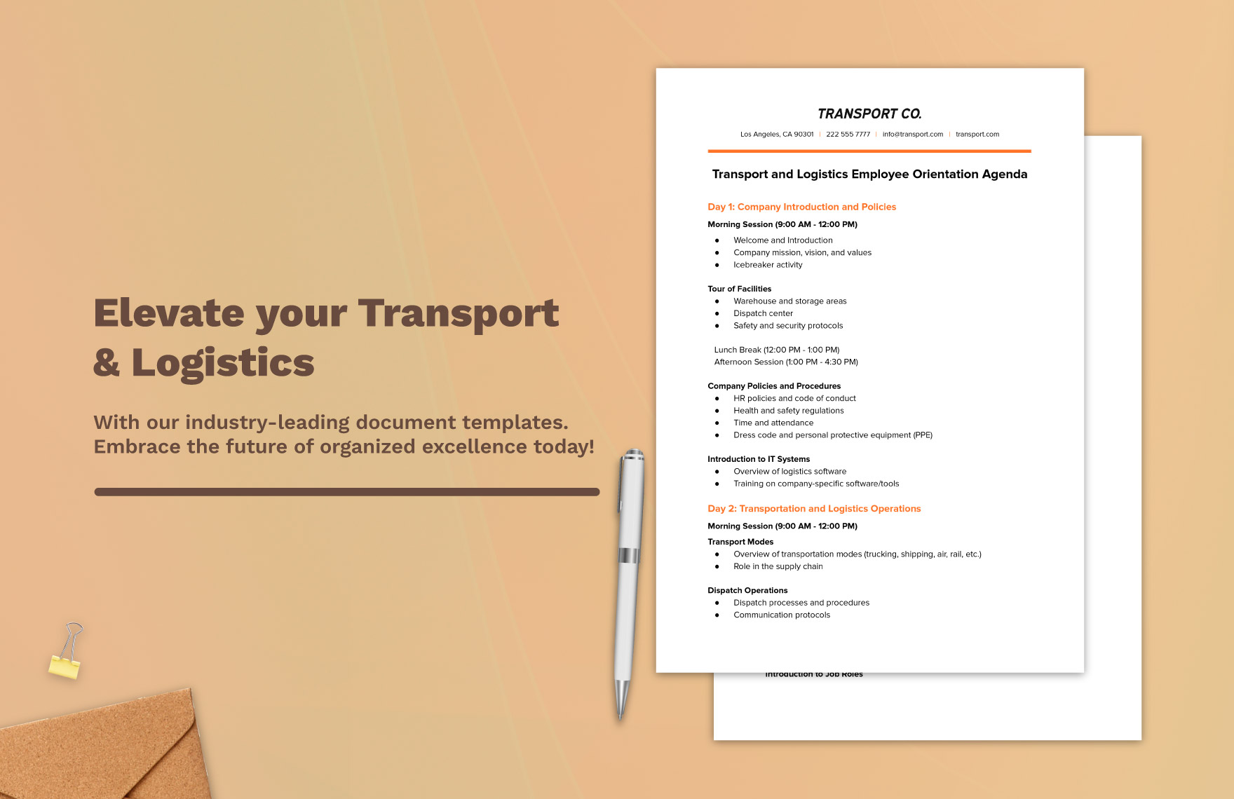 Transport and Logistics Employee Orientation Agenda Template