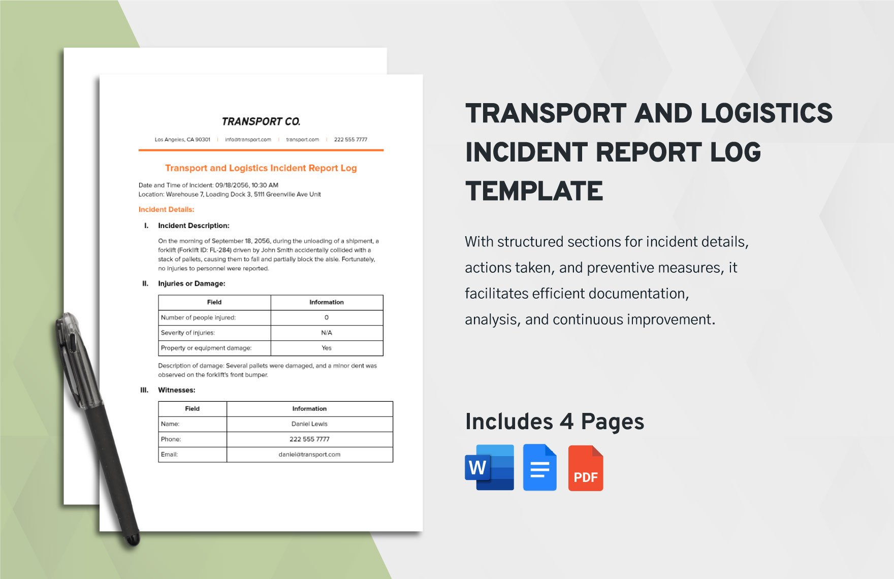 Transport and Logistics Incident Report Log Template