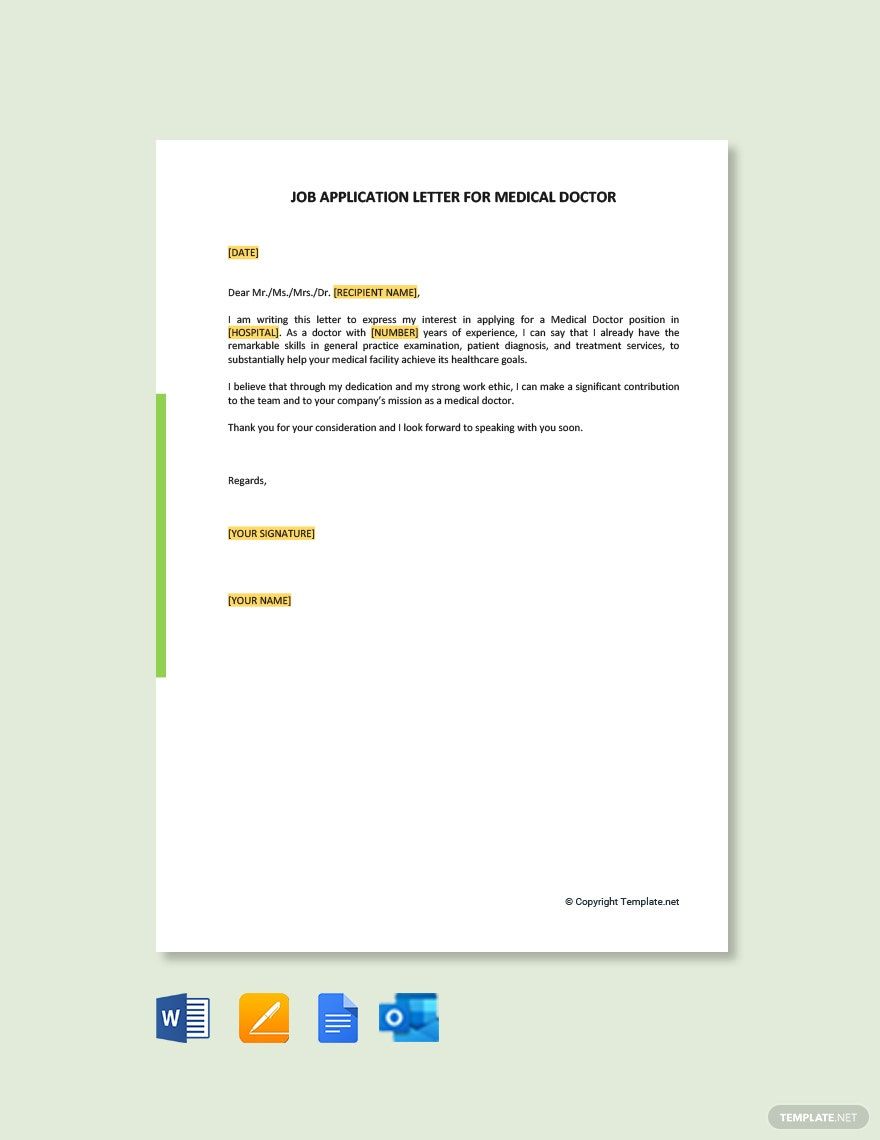 Free Job Application Letter for Medical Doctor in Word, Google Docs, PDF, Apple Pages, Outlook