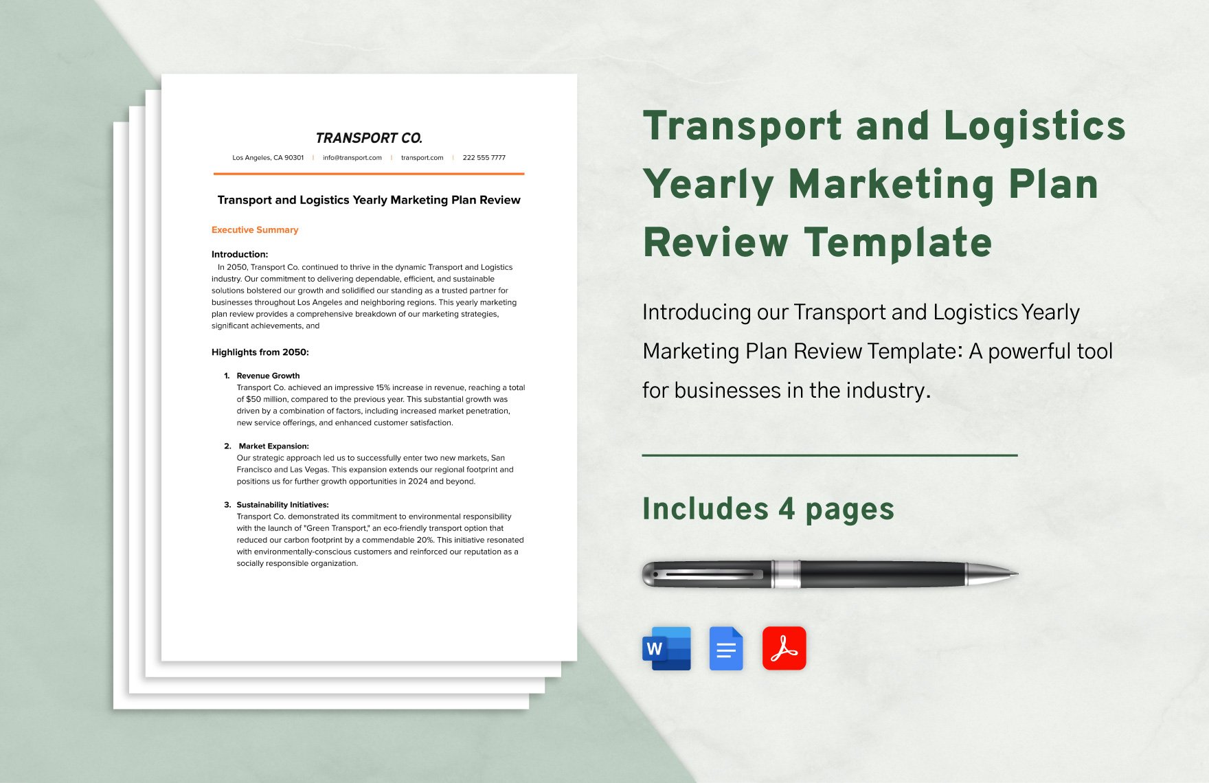 Transport and Logistics Yearly Marketing Plan Review Template in Word, Google Docs, PDF