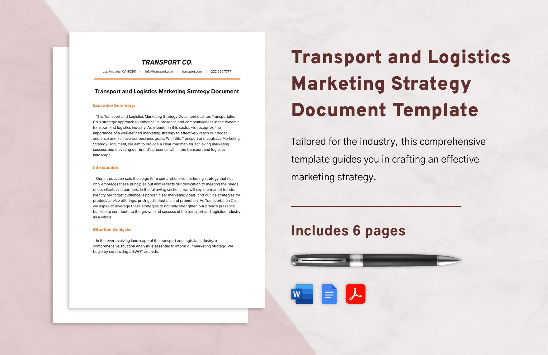 Transport and Logistics Marketing Strategy Document Template in Word, Google Docs, PDF