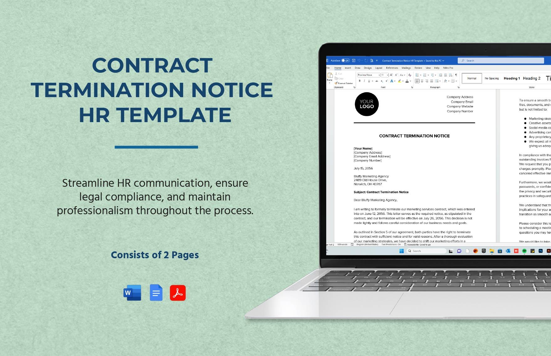 Contract Termination Notice HR Template in Word, Google Docs, PDF
