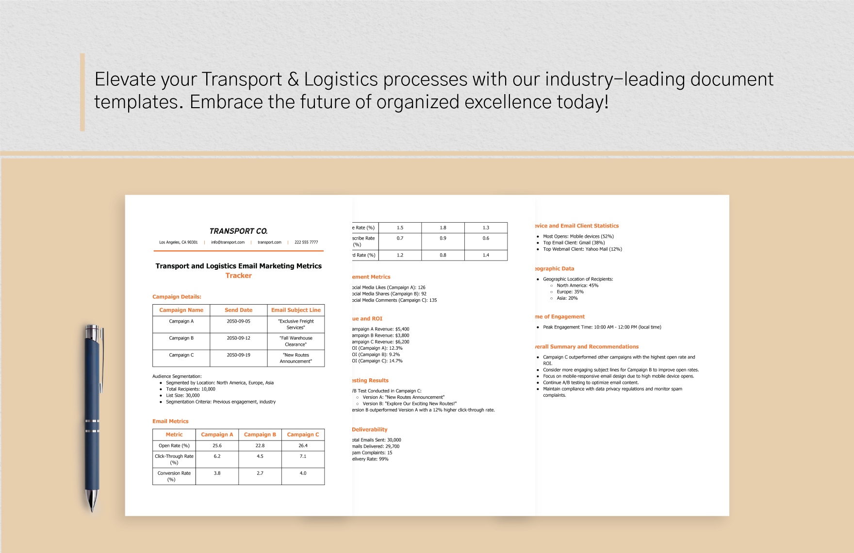 Transport and Logistics Email Marketing Metrics Tracker Template