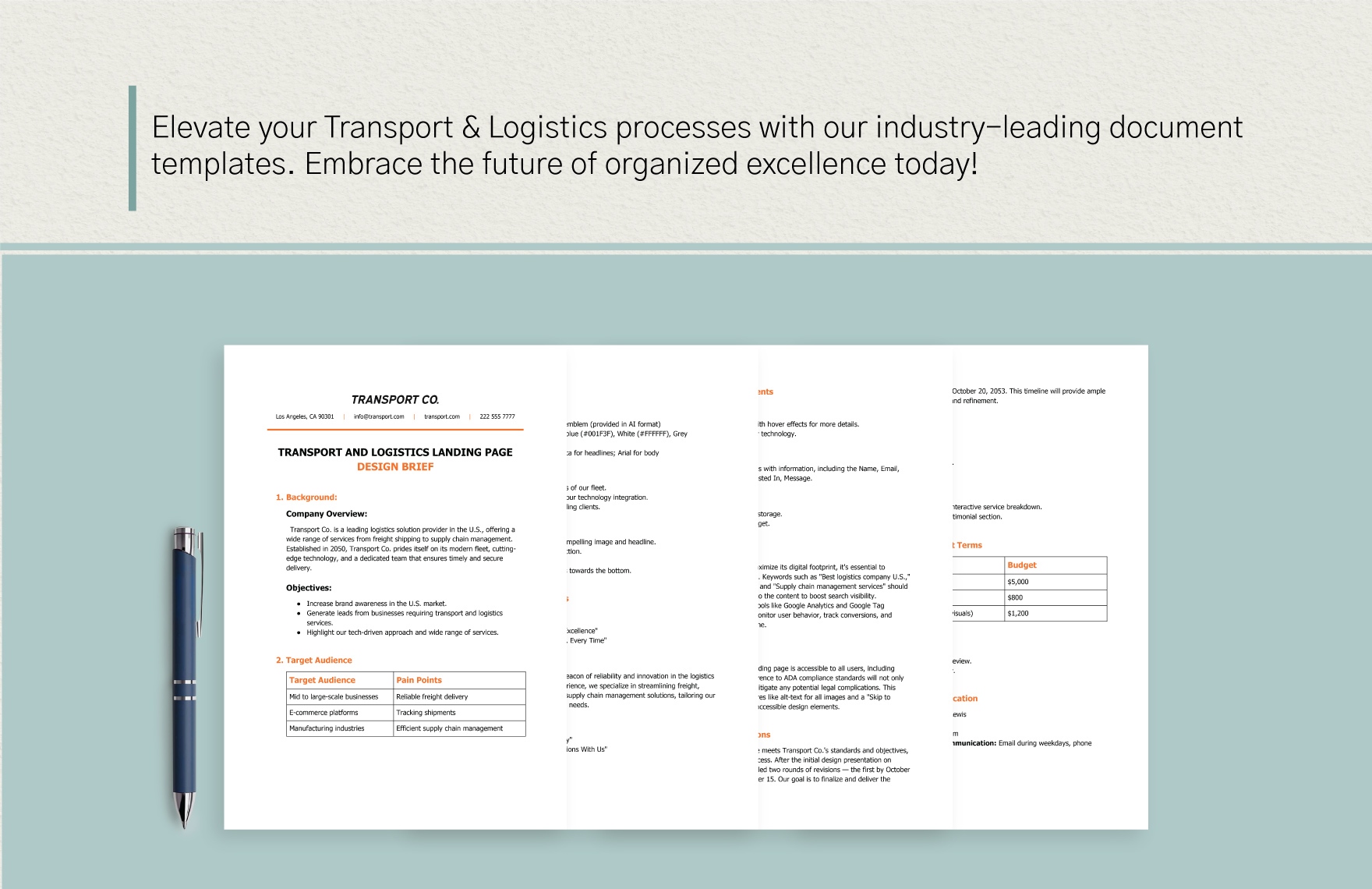Transport and Logistics Landing Page Design Brief Template
