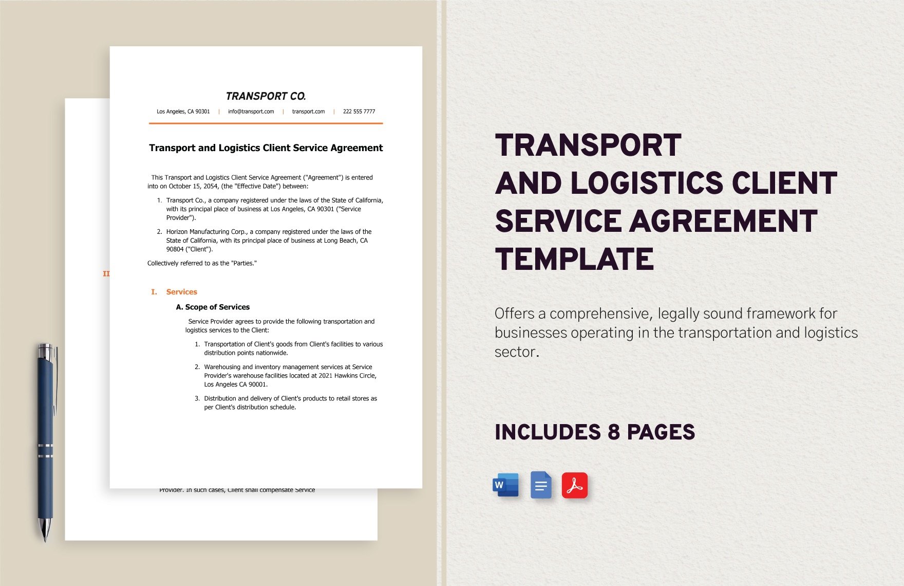 Transport and Logistics Client Service Agreement Template in Word, Google Docs, PDF