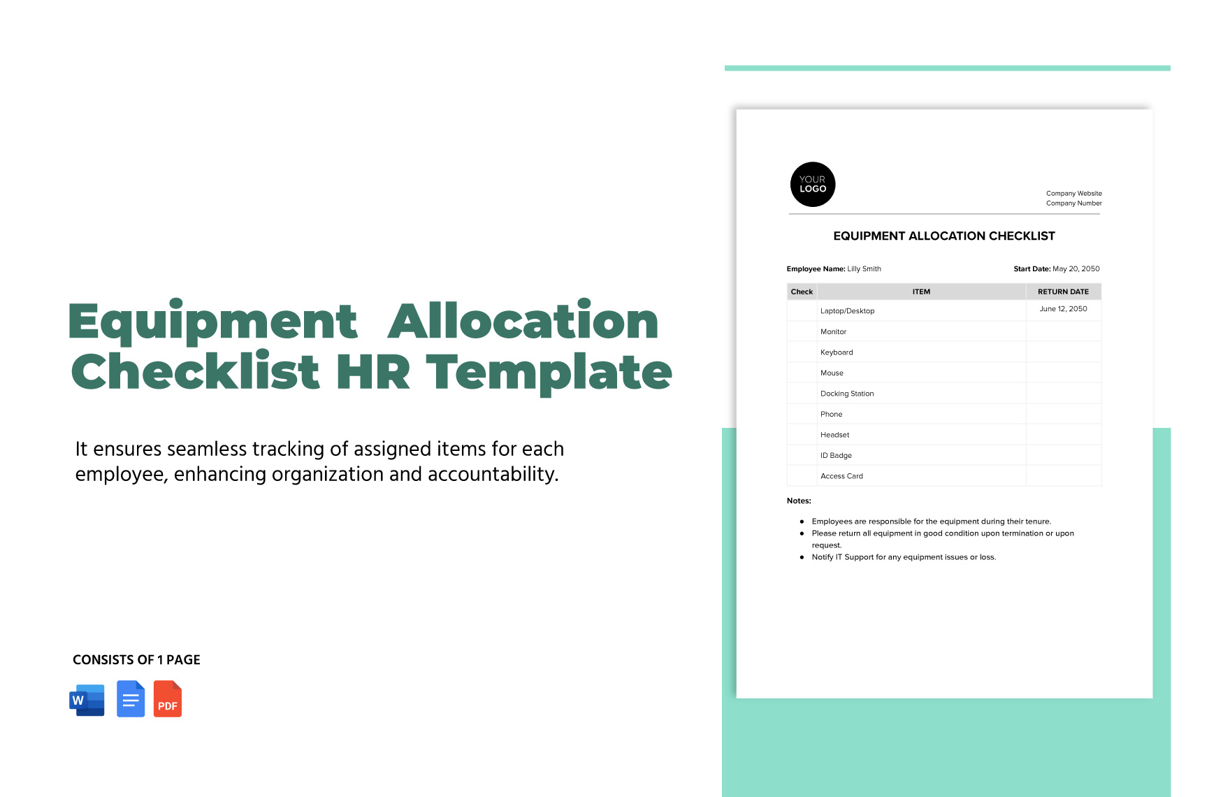 Equipment Allocation Checklist HR Template in Word, Google Docs, PDF