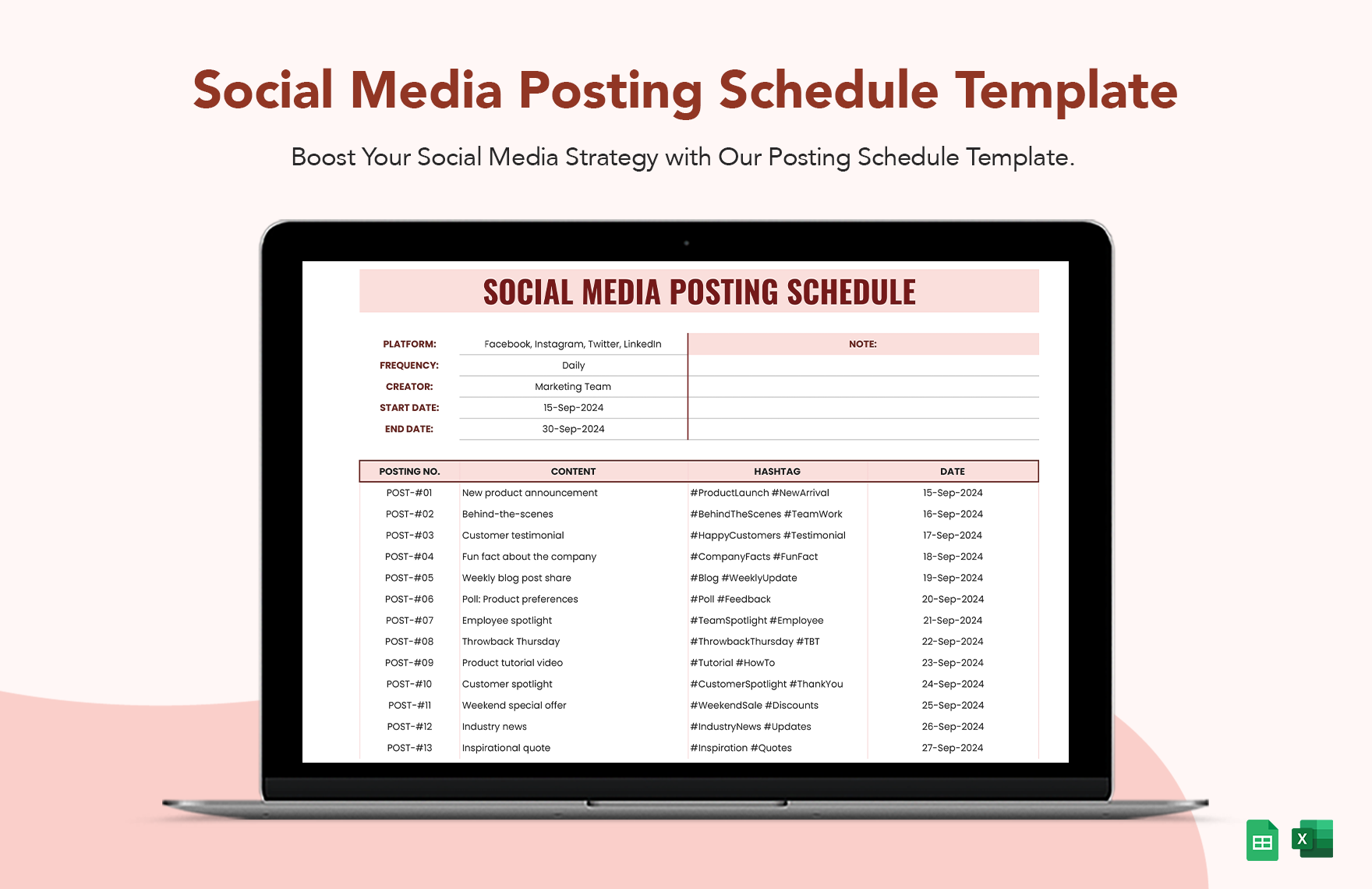 Social Media Posting Schedule Template in Excel, Google Sheets