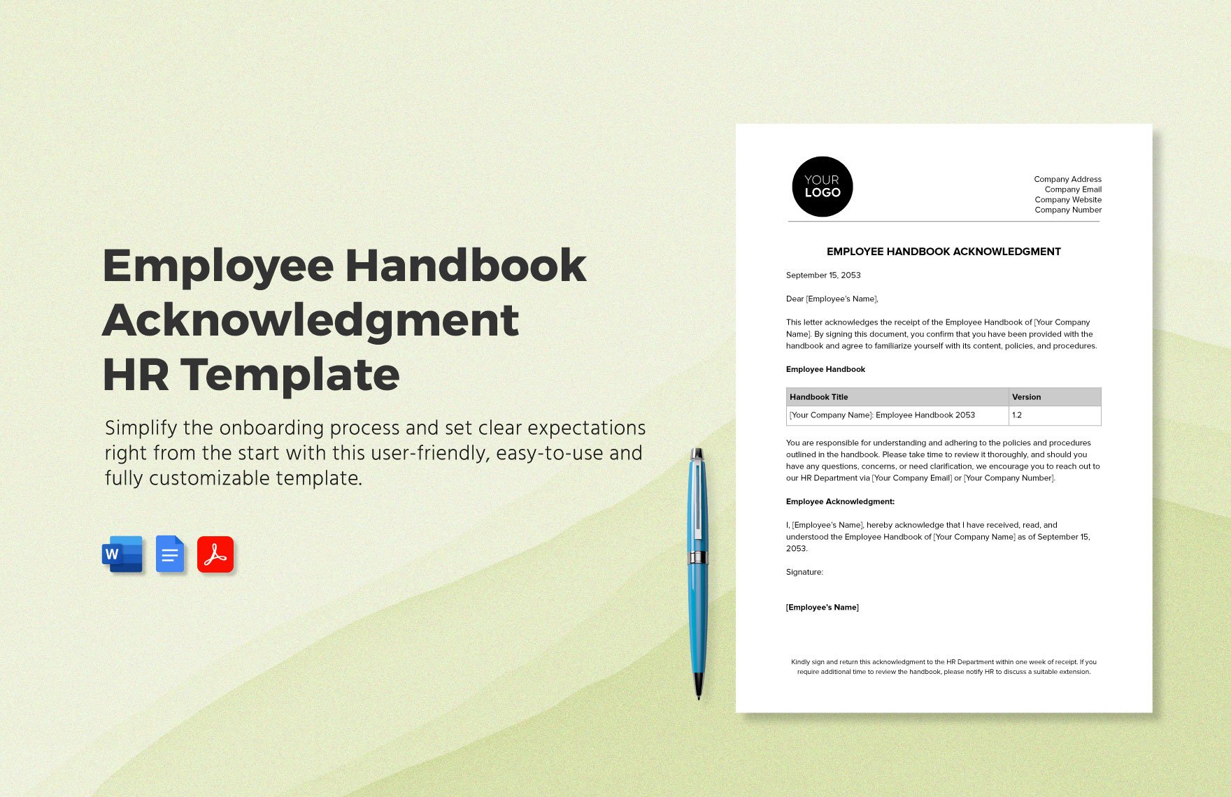 Employee Handbook Acknowledgment HR Template in Word, Google Docs, PDF
