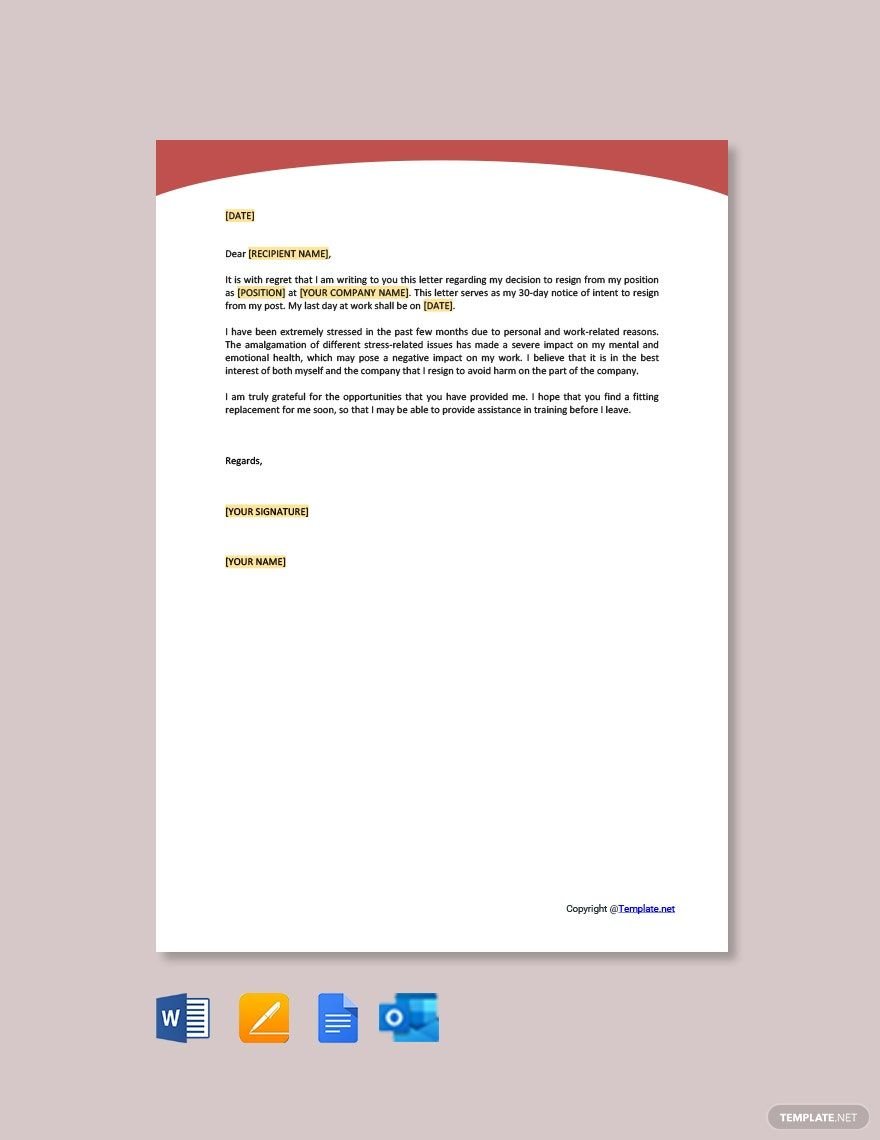 Free Resignation Letter Due To Stress At Work Template