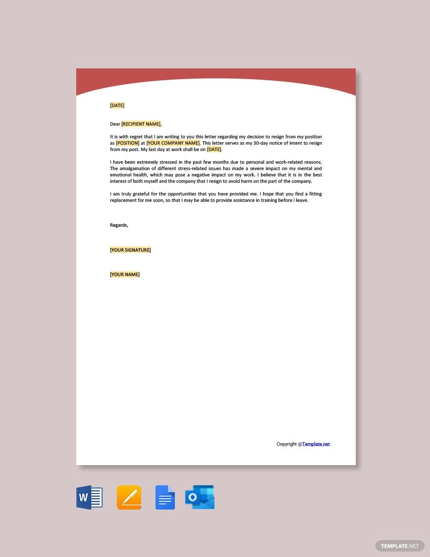 Resignation Letter Due To Stress At Work in Word, Google Docs, PDF, Apple Pages, Outlook