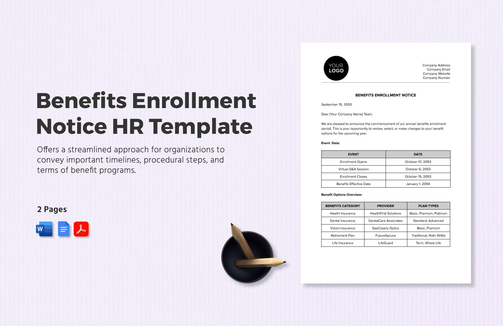 Benefits Enrollment Notice HR Template in Word, Google Docs, PDF