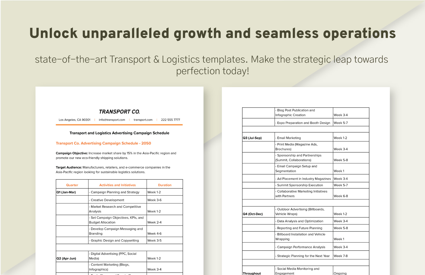 Transport and Logistics Advertising Campaign Schedule Template
