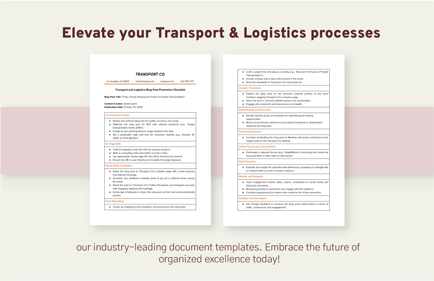 Transport and Logistics Blog Post Promotion Checklist Template
