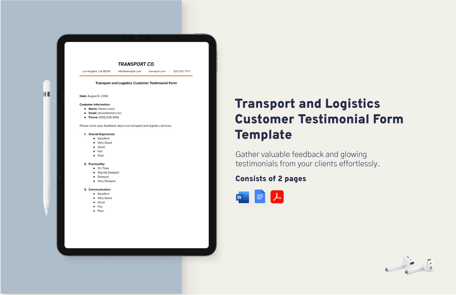 Transport and Logistics Customer Testimonial Form Template in Word, Google Docs, PDF