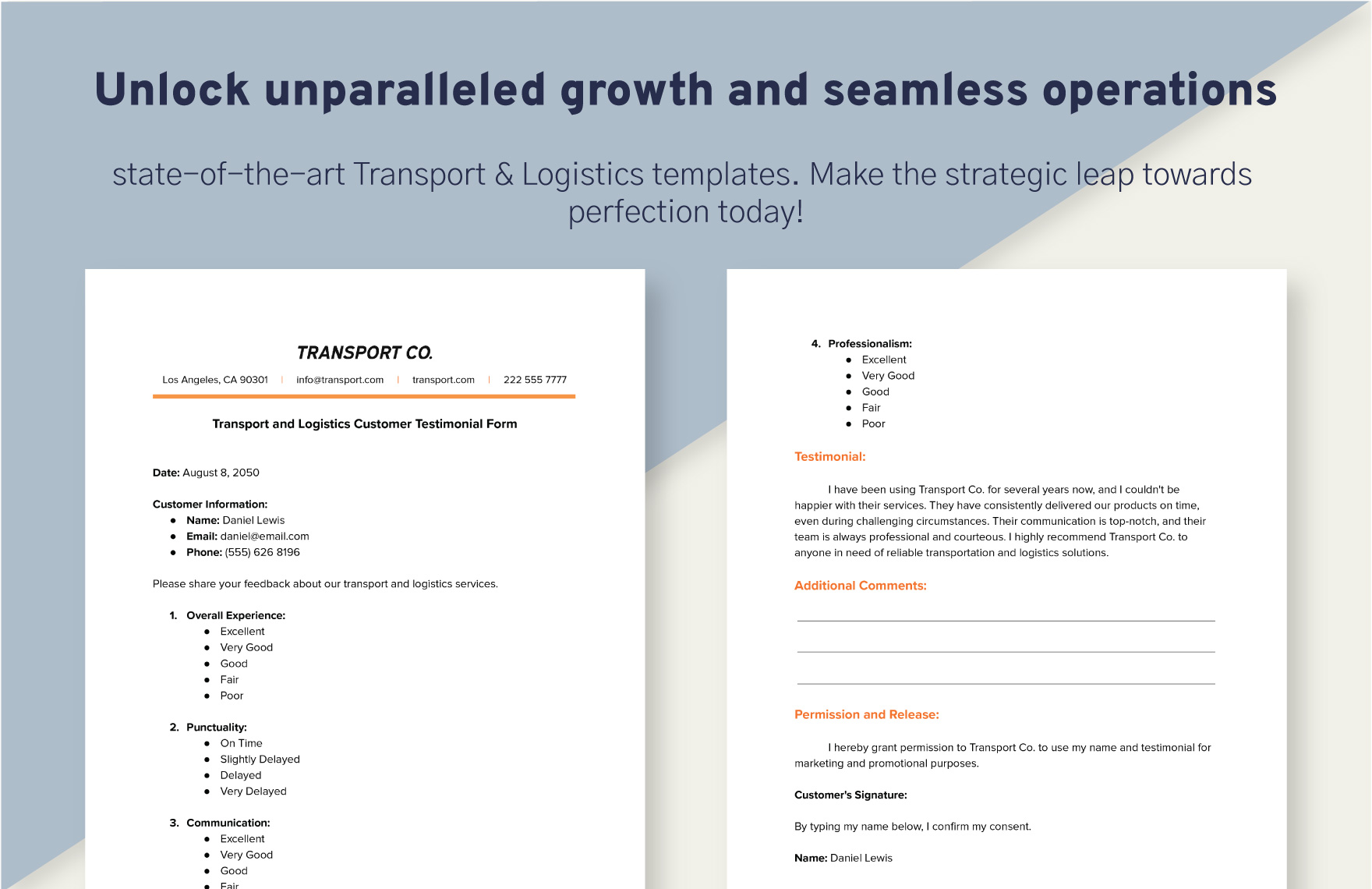 Transport and Logistics Customer Testimonial Form Template