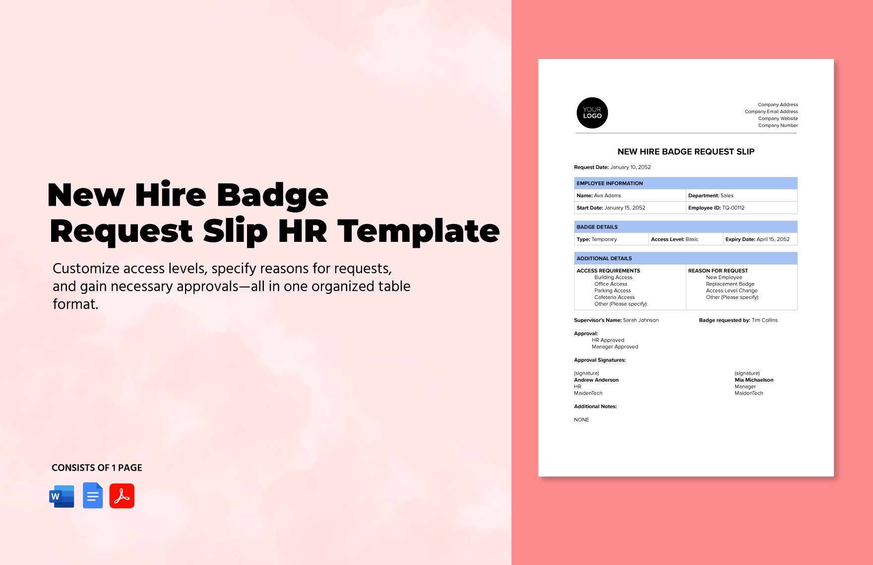 New Hire Badge Request Slip HR Template in Word, Google Docs, PDF