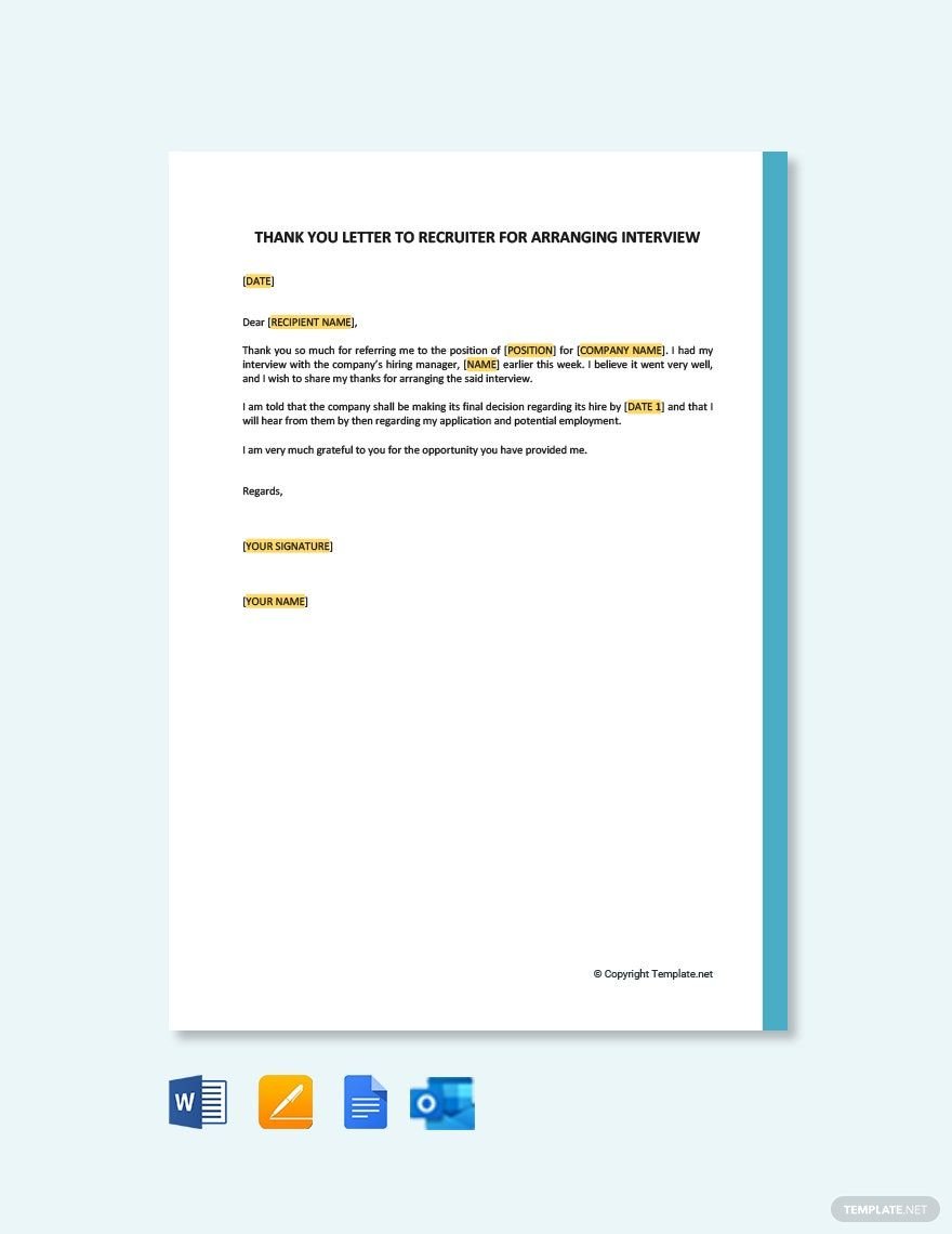 Free Thank You Letter to Recruiter for Arranging Interview Template