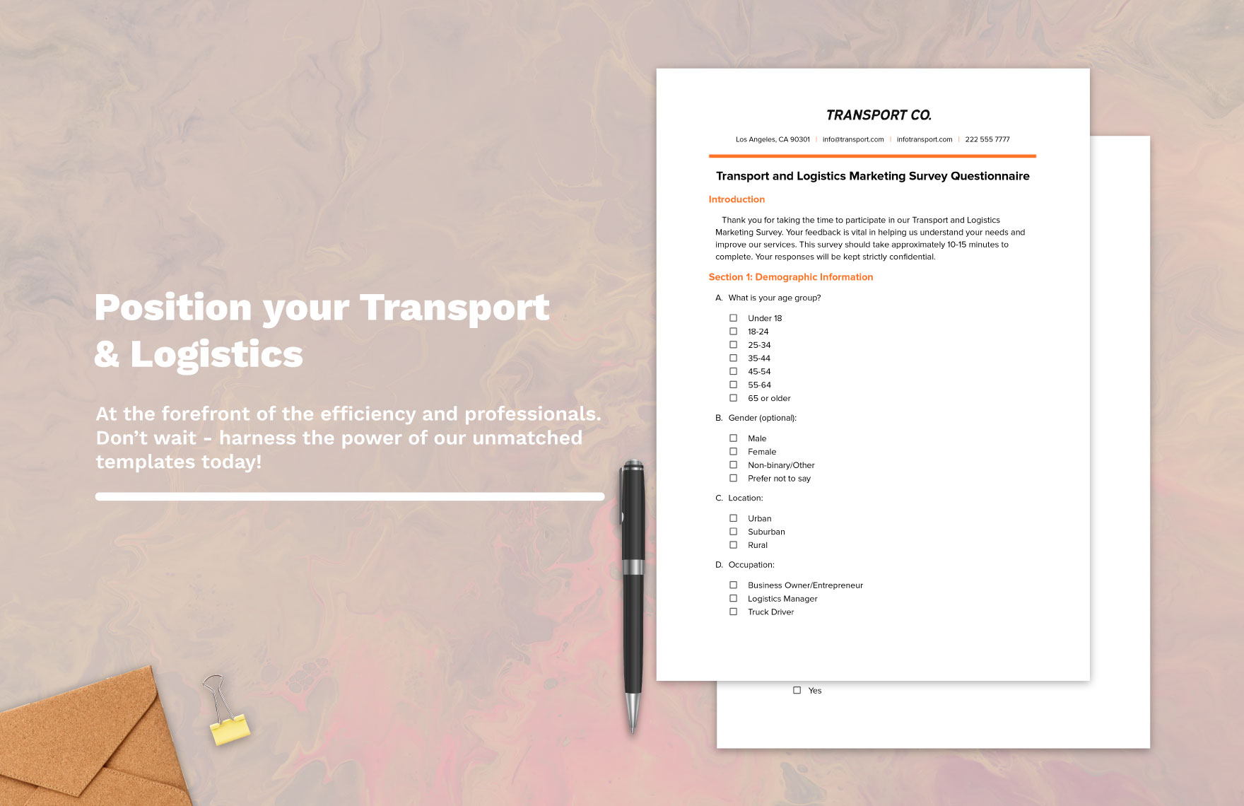 Transport and Logistics Marketing Survey Questionnaire Template