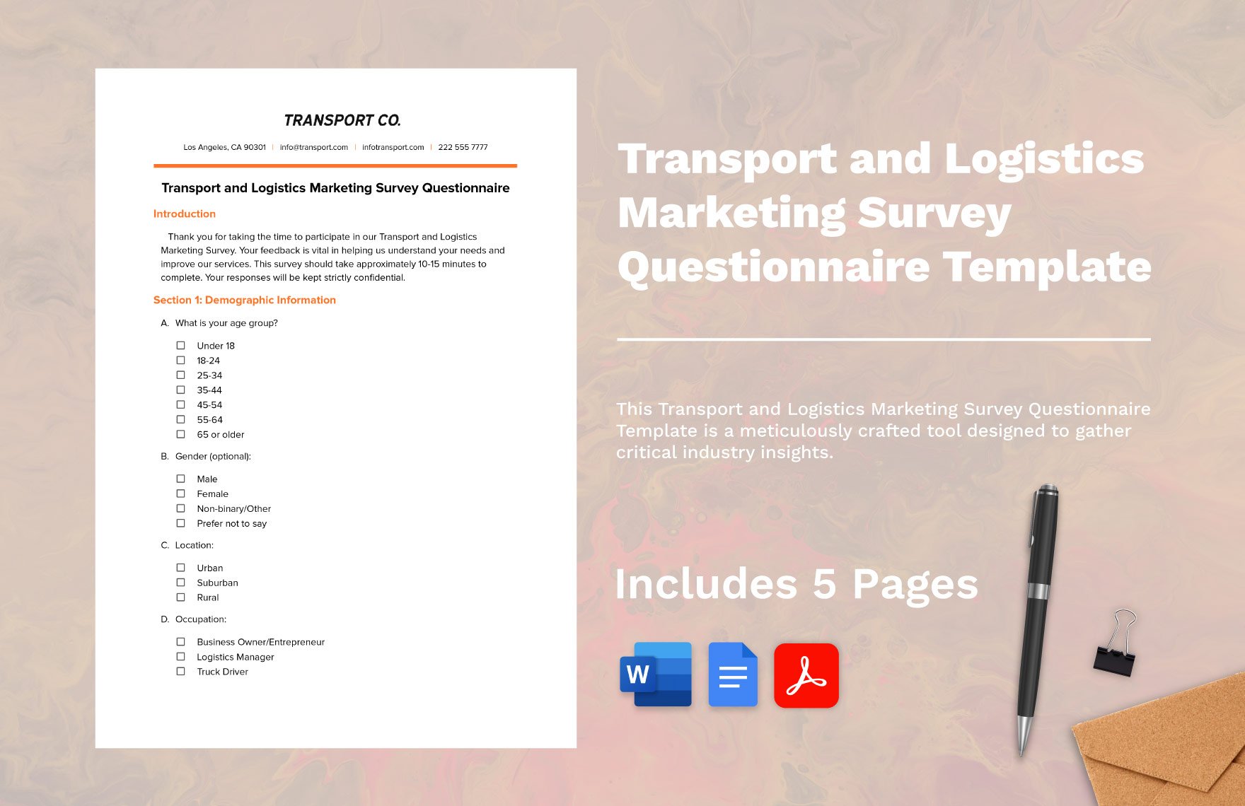 Transport and Logistics Marketing Survey Questionnaire Template in Word, Google Docs, PDF